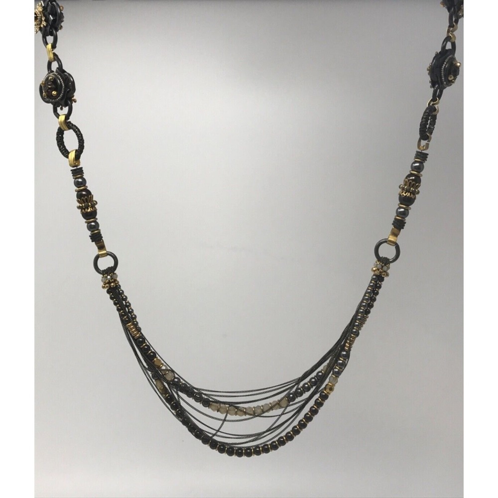 Miriam Haskell Vintage Gold Black Pearl Crystal Flower Rope Necklace 42.5"